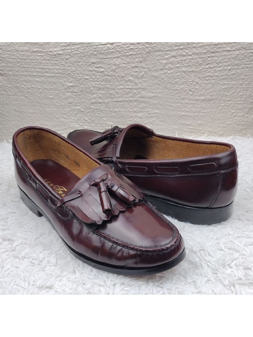 Towncraft Maroon Leather Feather Tassel Upper Low Block Heel Slip On Loafer Shoe